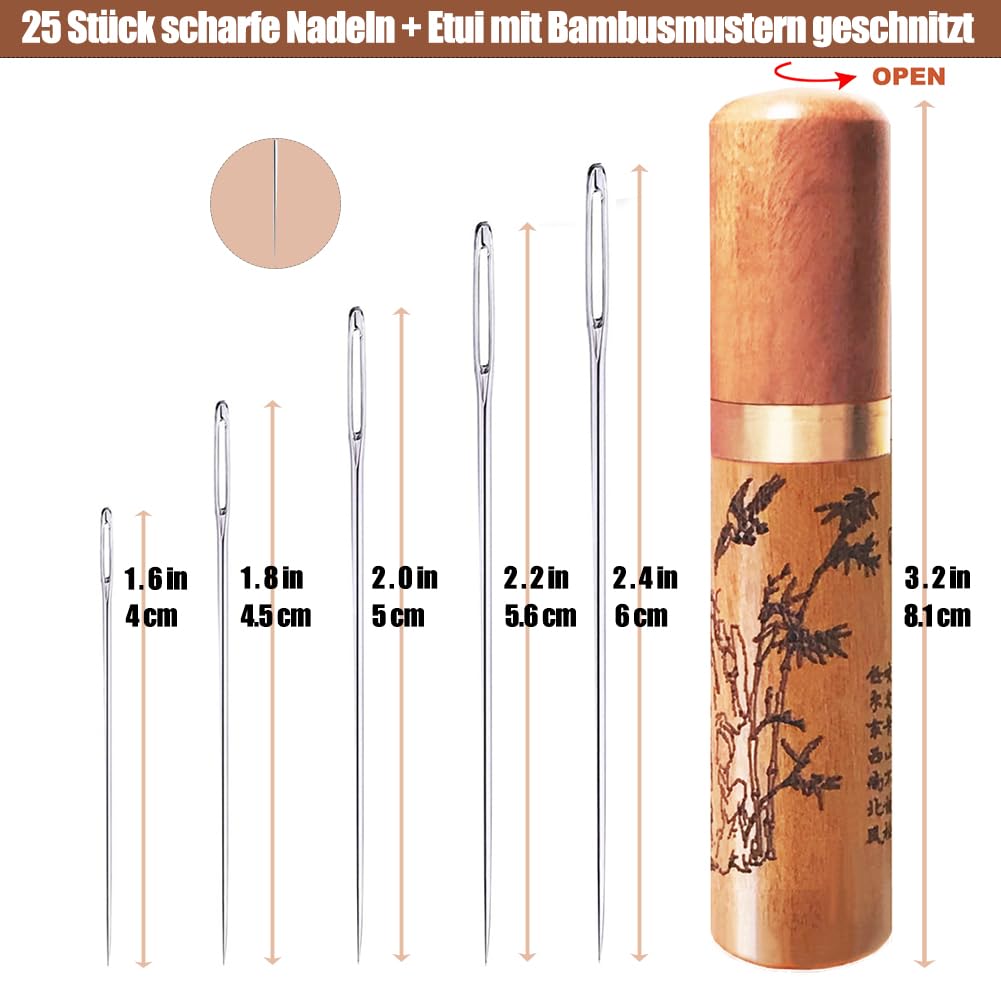 Large Eye Sewing Needles, Embroidery Needles, Stainless Steel, 25 Pieces Sharp Needles with Wooden Needle Case Carving Pattern