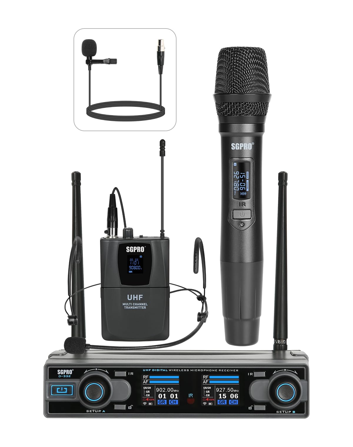 Photo 1 of SGPRO Dual Channel Wireless Microphone System - UHF Handheld, Bodypack, Head-Worn & Lavalier Mics for Live Performance, Karaoke, DJ, Church, Classroom & PA Systems (D-332HB)