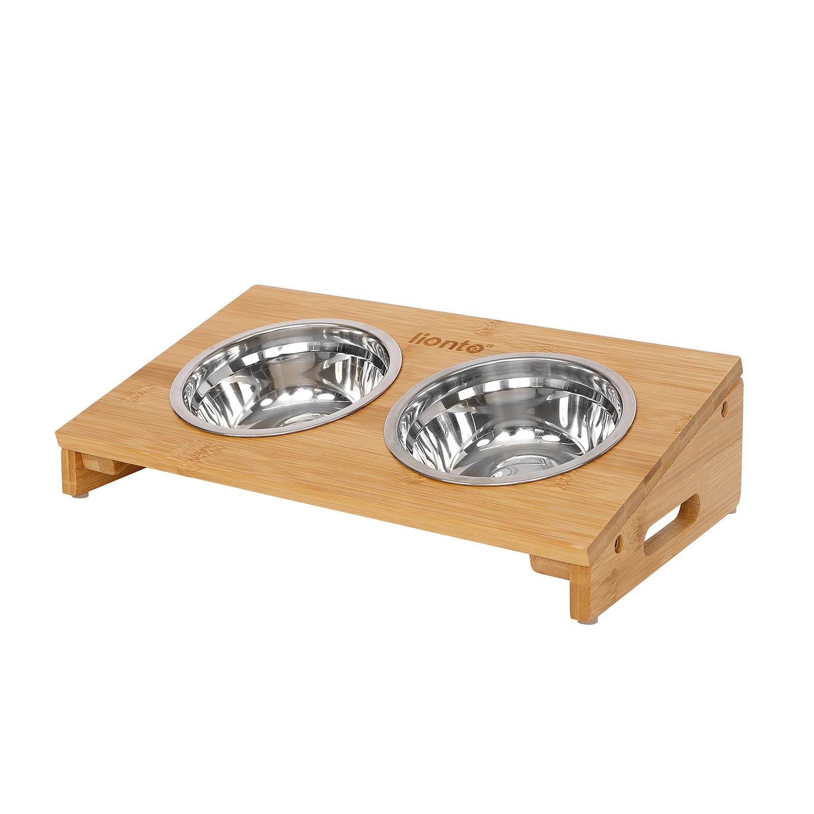 lionto Raised Dog Bowl Feeding Station for Dogs and Cats Bamboo 2 Bowls Stainless Steel Double Bowl