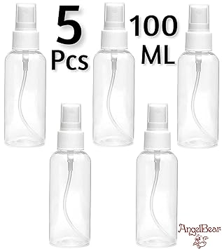 Angel Bear Refillable Spray Empty Bottle for Home Office Car Travel Cleaning, Fine Mist 100ml (Transparent) - Set of 5