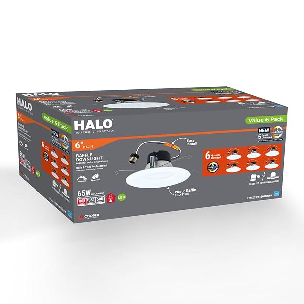 HALO 5 INCH / 6 INCH LED RECESSED LIGHT TRIM WITH 5 COLOR TEMPERATURES, DIMMABLE BAFFLE CAN LIGHTS FOR CEILING, 6-PACK. 750 LUMENS LT56079FS1EWHR6PK