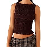 Women Y2K Shirred Tank Top Sleeveless Crewneck Frill Smocked Ruffle Crop Top Ruched Pelpum Going Out Tops