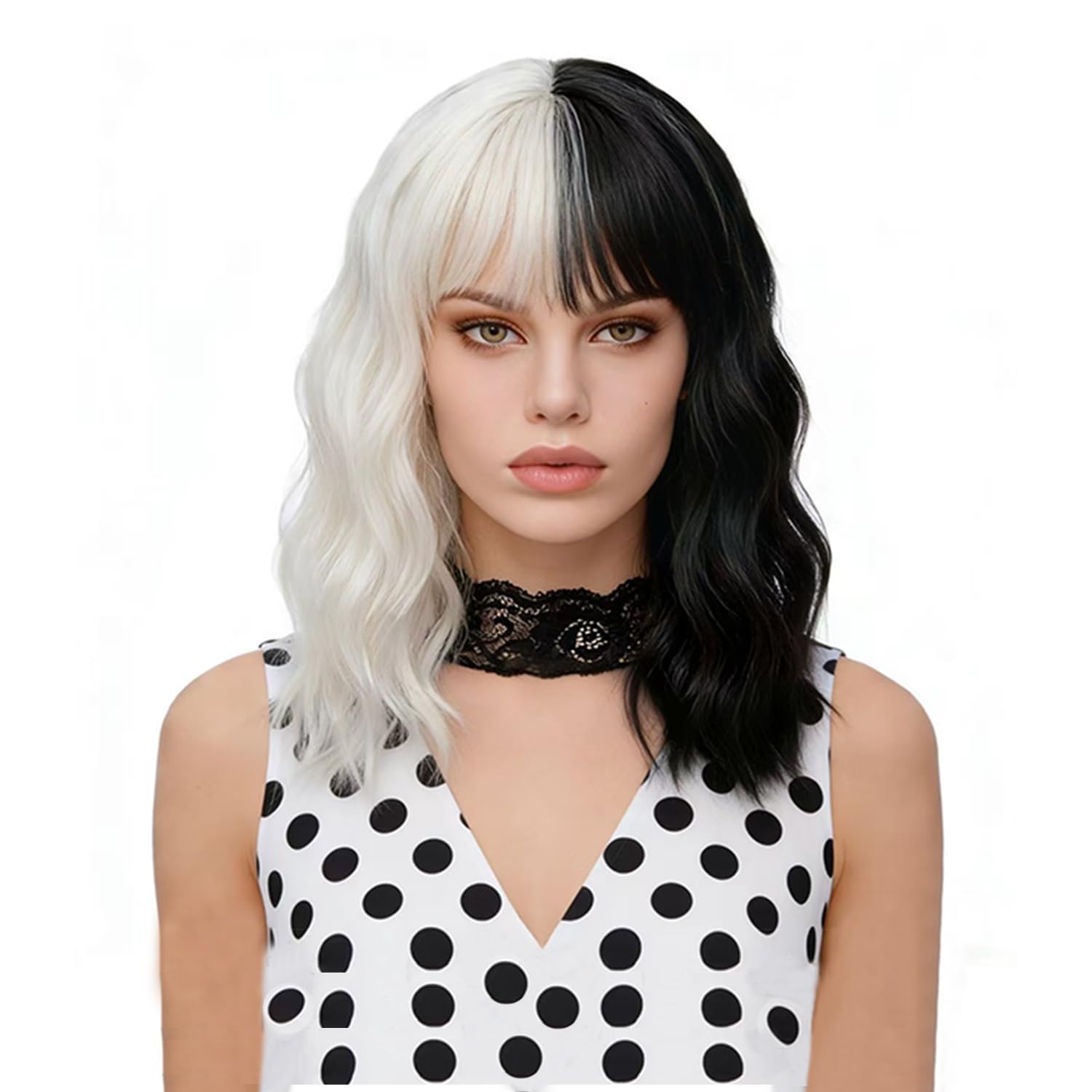 FVCENT Short Black and White Wig Wavy Half Black and Half White Heat Resistant Women Wig (Black and White Without accessories)