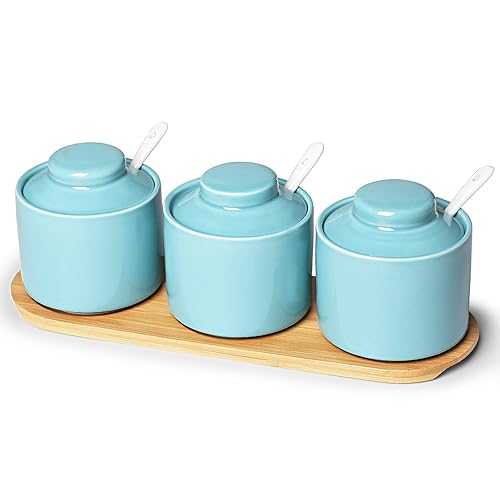 ONTUBE Porcelain Condiment Jar Set of 3 Spice with Tray, Ceramic Condiment Pot Spoon and Lid, Seasoning Box,Sugar Bowl, 8oz (Turquoise Blue)