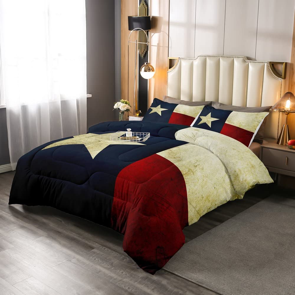 Loussiesd Texas Flag Duvet Set Men Women Gifts Bedding Set Vintage Quilted Down Comforter King Size