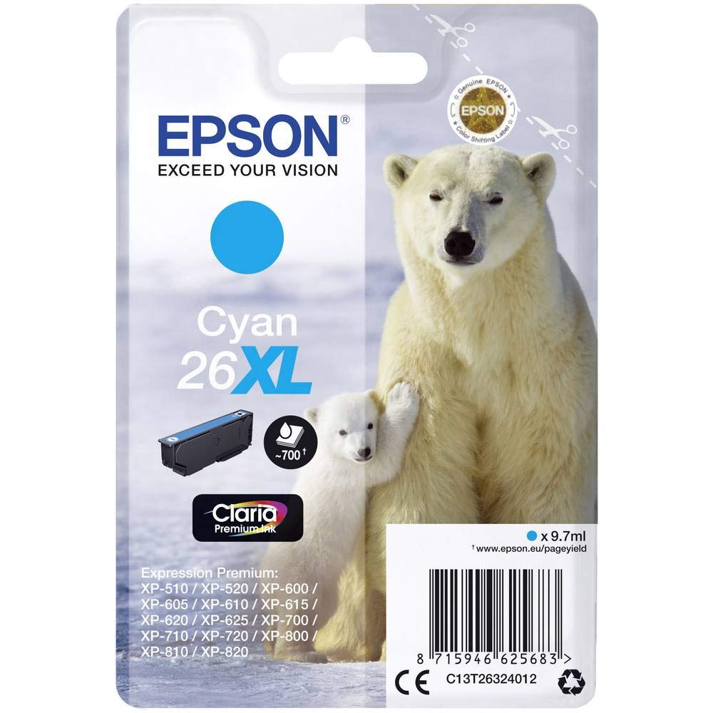 Epson 26XL Polar Bear Cyan High Yield Genuine, Claria Premium Ink Cartridge,XL High Capacity