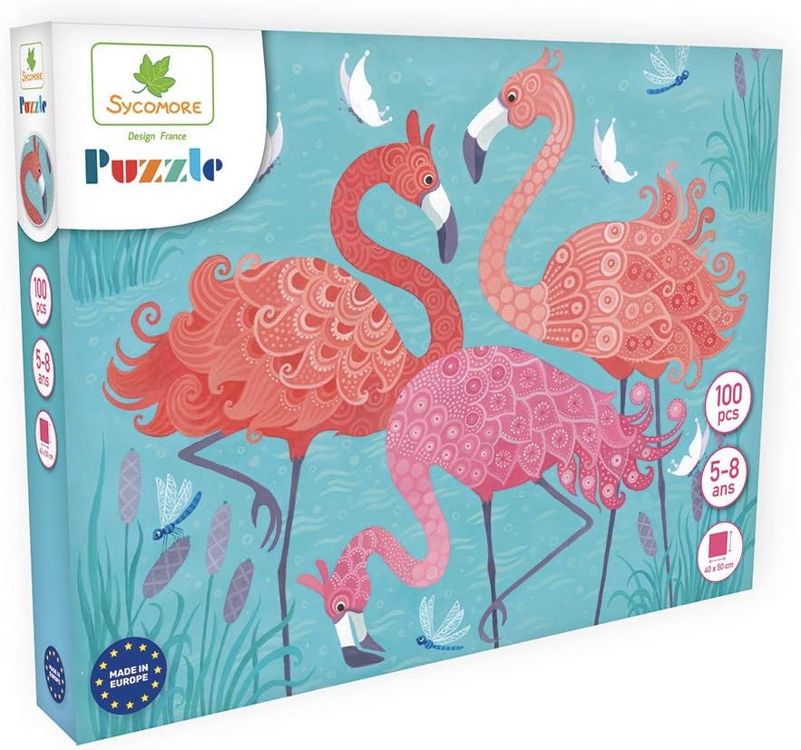 Sycomore PUZ005 Pink Flamingos Child Puzzle flamingos-100 Pieces-Poster Included for Model-Made in Europe-from 5 years-PUZ005-Sycomore