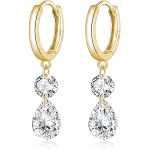 Reffeer Solid 925 Sterling Silver CZ Hoop Drop Earrings for Women Teens Crystal Drop Hoop Earrings Teardrop CZ Earrings Dangl