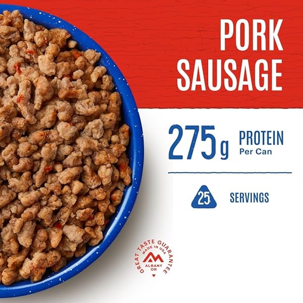 MOUNTAIN HOUSE PORK SAUSAGE & FREEZE-DRIED FOOD FOR CAMPING, 25 SERVINGS, 30-YEAR SHELF-LIFE