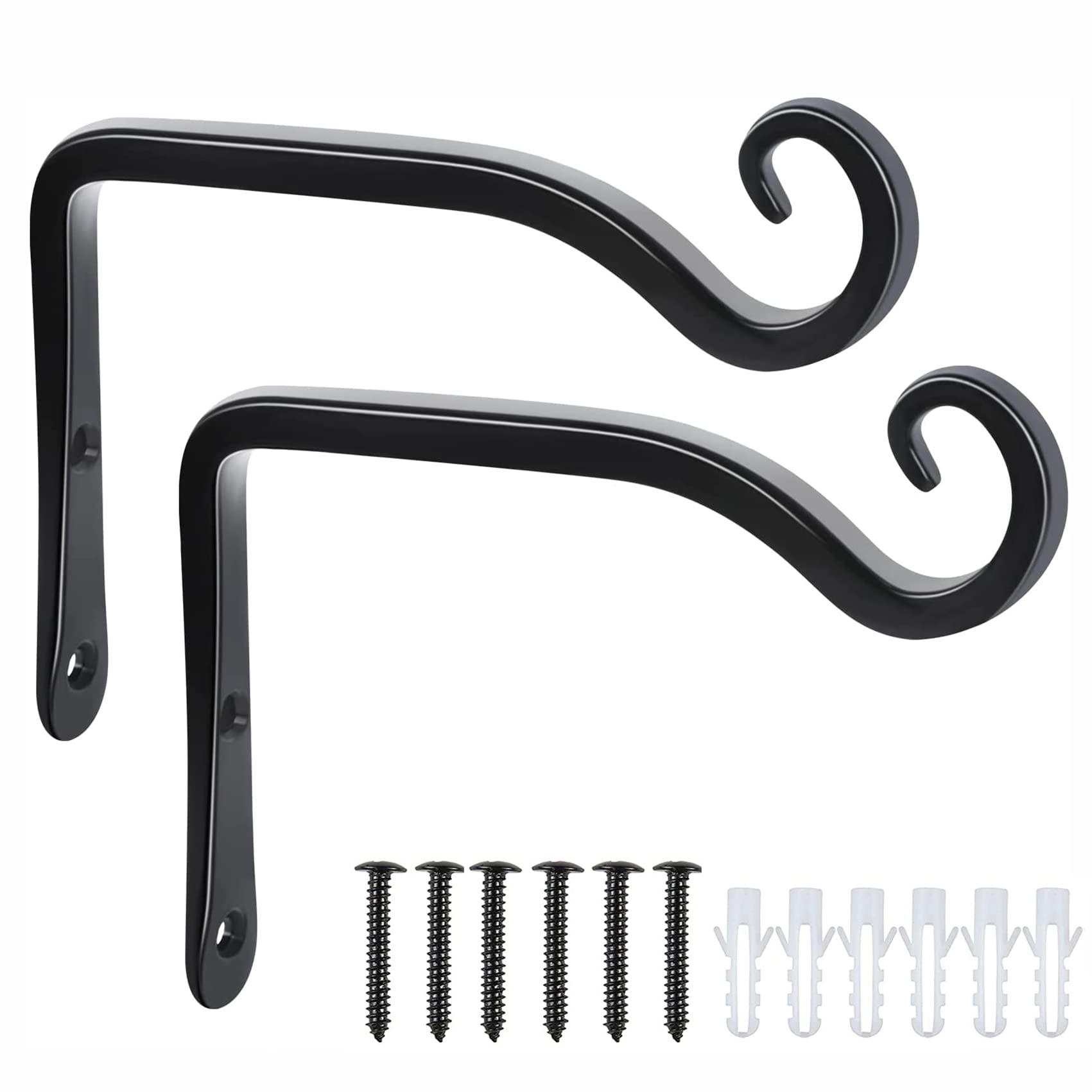 POTWPOT Heavy Duty Hanging Basket Brackets, 15.5 cm (6.1 Inch) | 2 Pack Black Metal Hooks for Flower Basket Plants Bird Feeder Wind Chimes, Outdoor & Indoor