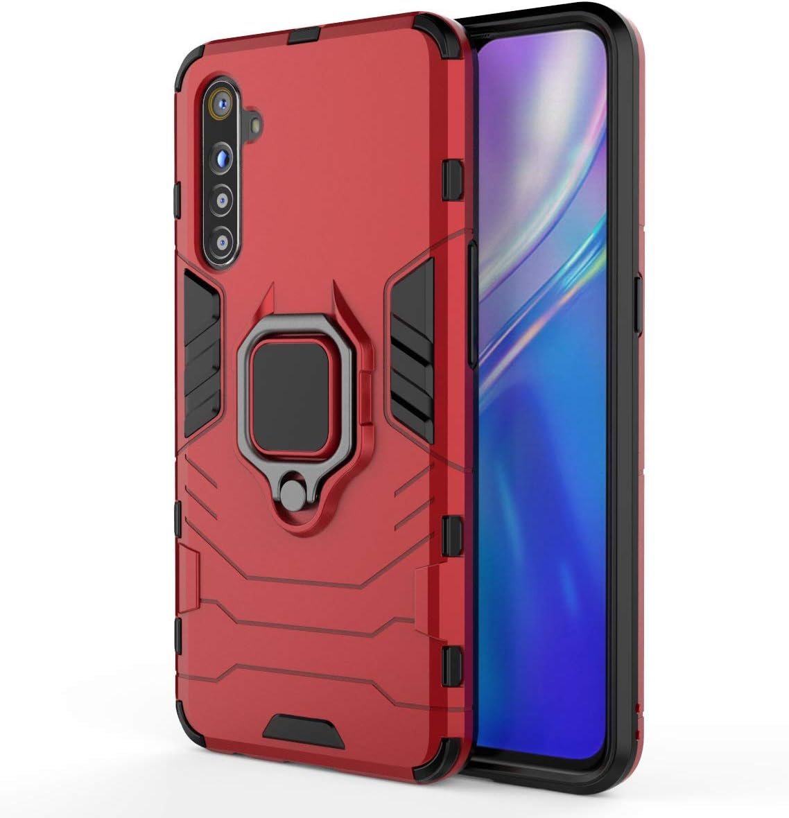 2ndSpring AE Case for OPPO Realme XT K5 + Tempered Glass Screen Protector,Hybrid Heavy Duty Protection Shockproof Defender Kickstand Armor Case Cover,Red