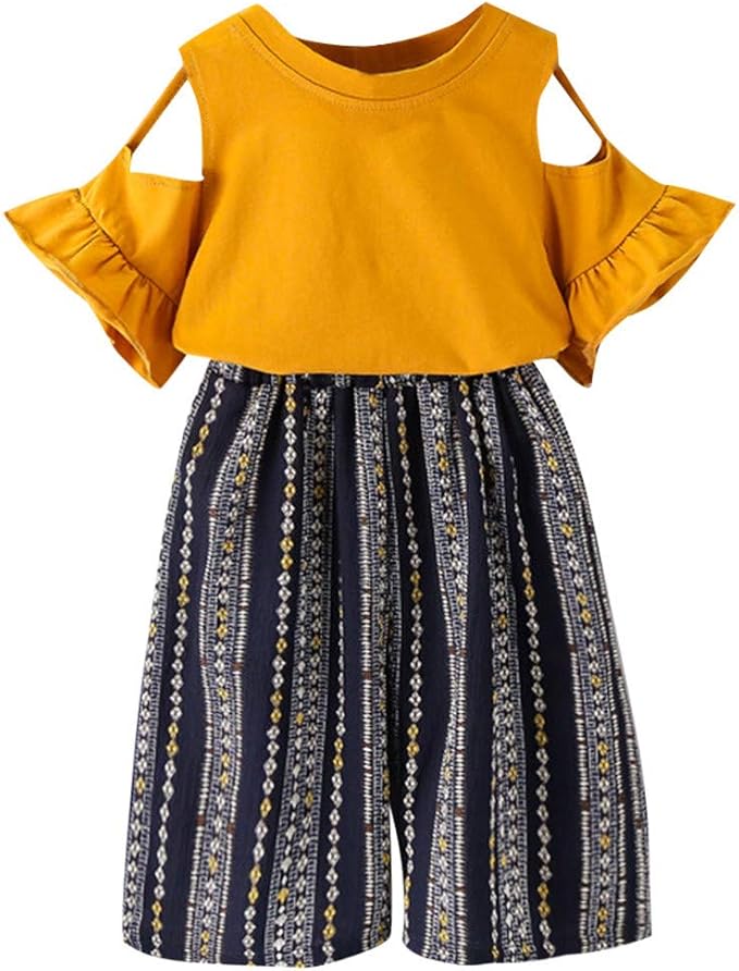 Amazon Charku キッズ服 女の子 2点セット Tシャツ パンツ セット オフショルダー フリル トップス ストライプ ズボン 上下セット 子供服 アップ 可愛い 人気 ベビー 夏服 セット 春夏 安い 子供服 通園 通学 七五三 可愛い 人気 普段着 部屋着