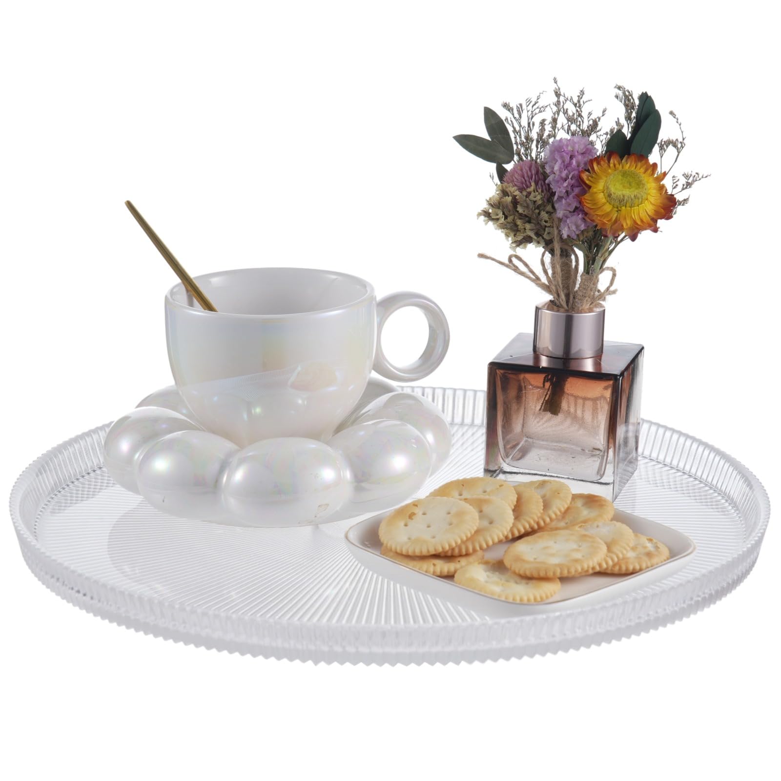 Photo 1 of 12 Inch Round Glass Serving Tray, Easy to Clean Food Tray, Modern Striped Design Decorative Platter for Parties, Weddings, Home Decor, Kitchen, Dining Room, Perfect for Entertaining