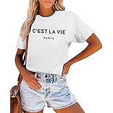 Tuislay C'est La Vie T-Shirt Graphic Tees for Women Paris Shirts Oversized Baggy Trendy Summer Short Sleeve Loose Fit Top