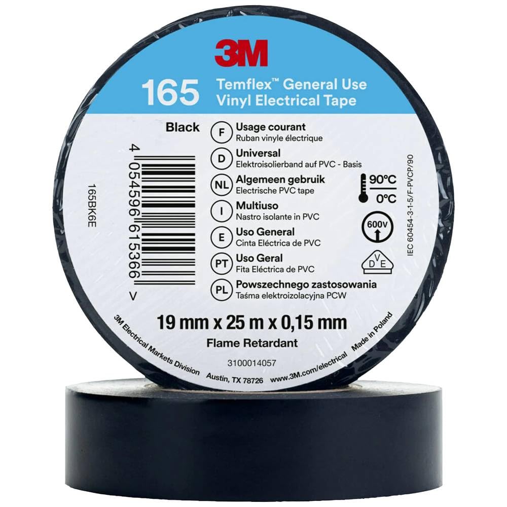 3M Temflex 165 165BK6E Insulation Tape Temflex 165 Black (L x W) 25 m x 19 mm Pack of 1