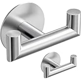 2 Pack Brushed Nickel Bathroom Hooks for Towels, Robes, Coats, Shower Use | Self-Adhesive, Stainless Steel, Rust Resistant, Double hooks, Easy Install, Space Saving