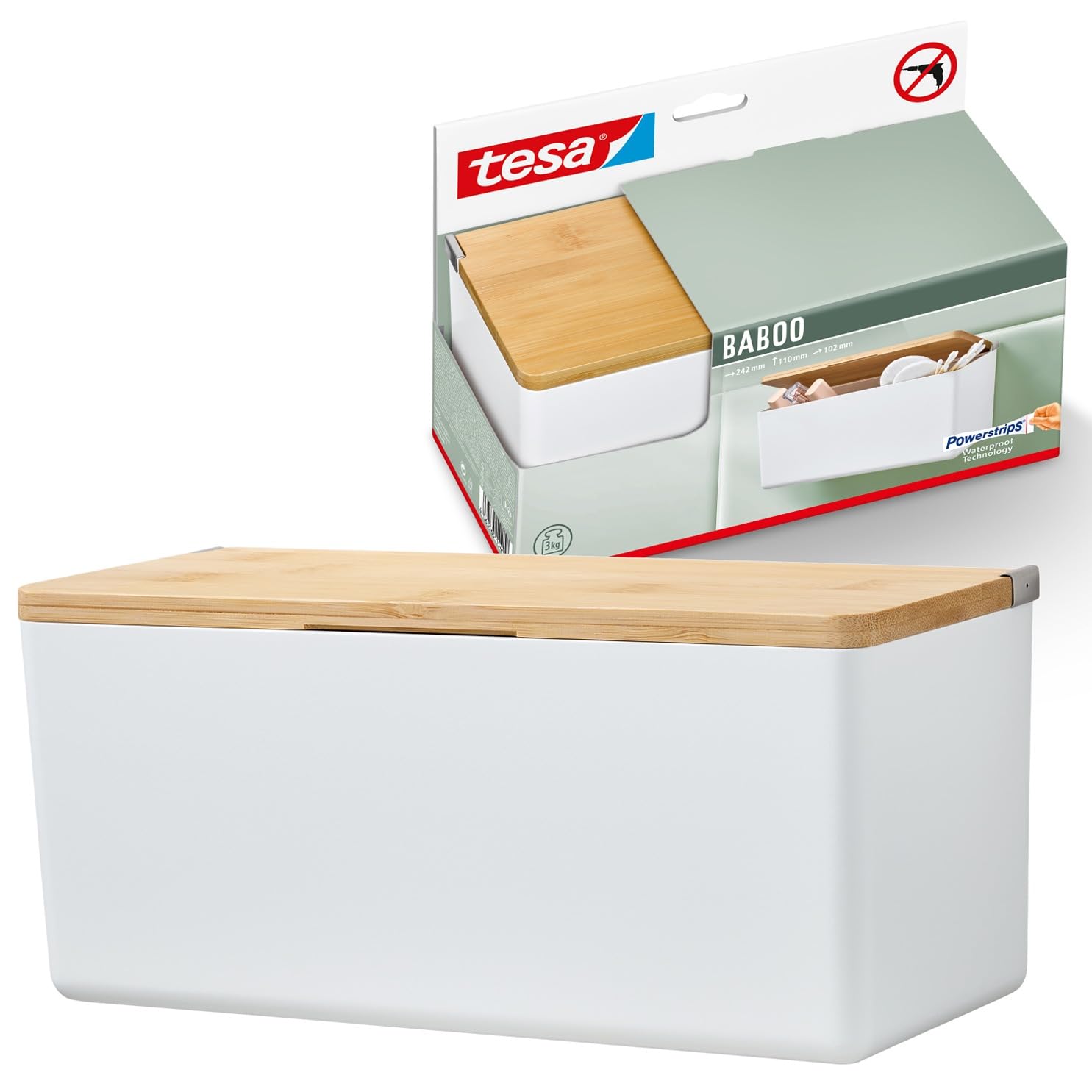 tesa Baboo M Bathroom Organiser with lid, matt-white - Rectangle storage box, for wall mounting without drilling, incl. tesa Powerstrips Waterproof Strips XL - 242 mm x 110 mm x 102 mm