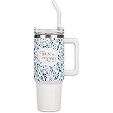 Christian Art Gifts Extra Large Double Wall Stainless Steel Insulated Travel Tumbler for Women: Trust in the Lord Uplifting Scripture, Twist Dial Lid, Reusable Straw & Tip, White & Blue Floral, 40 oz