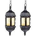 2 Pcs Hanging Candle Lantern Moroccan Chandelier Retro Candle Holder Moroccan Vintage Metal Hollow Wedding Hanging Candle Holders Lantern Contain 35cm Chain, Black