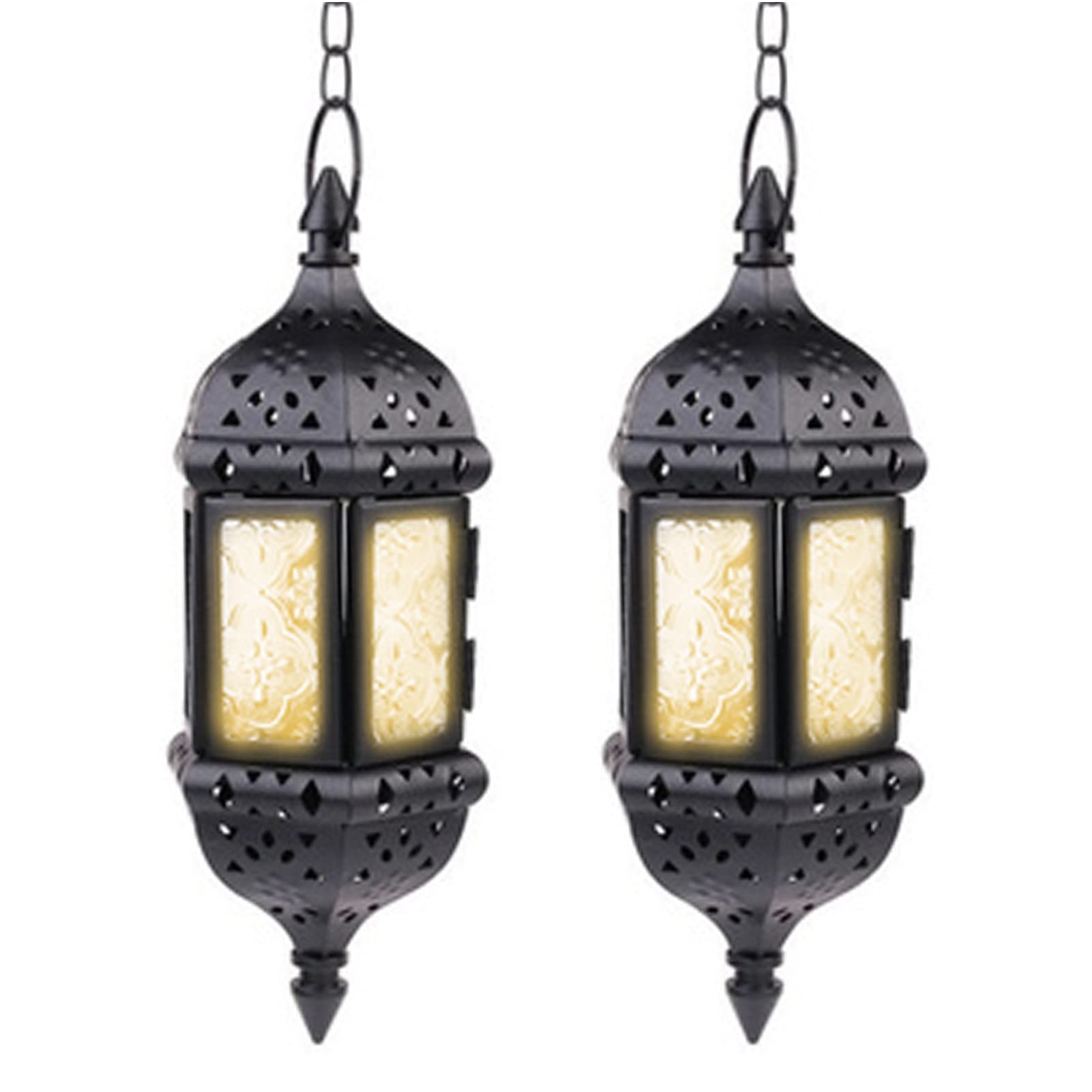 2 Pcs Hanging Candle Lantern Moroccan Chandelier Retro Candle Holder Moroccan Vintage Metal Hollow Wedding Hanging Candle Holders Lantern Contain 13.8 inches Chain, Black