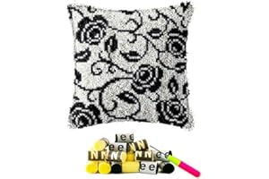 DL-YTG Latch Hook Kits Pillow Black Rose Flower Crochet Yarn Cushion Colour Pre-Printed Canvas Rug Needlework DIY Pillowcase Hook and Latch Kit Christmas Home Crafts Sofa Decoration 42x42cm/17 X17