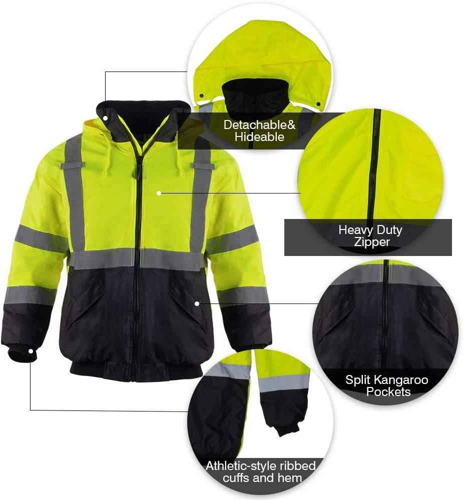 FONIRRA Hi-Viz Safety Jacket for Men with Reflective Liner ANSI Class 3 Bomber Work Jacket(Yellow, 3XL) - - 