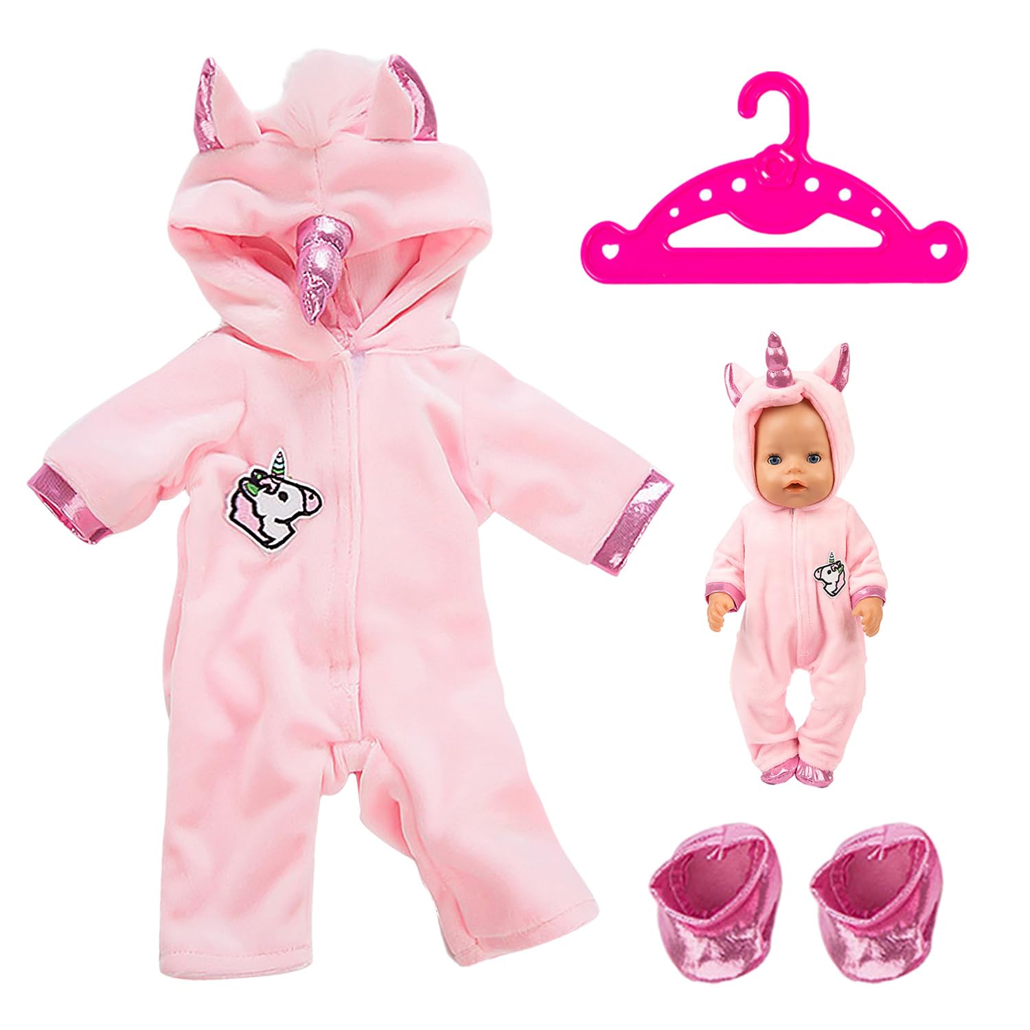 OAAO 1 Pink Doll Clothes And Shoes Set, 1 Clothes Hanger With Ears And Horns, Winter Onesie, Baby Clothing Accessories, Doll Toy Clothing (43cm)