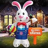 Domkom 8FT Easter Inflatable Decorations Standing Bunny Holding Egg and Paintbrush, Build-in LED Lights Holiday Blow Up Yard Decoration, for Easter Holiday Party, Outdoor,Garden, Yard Lawn Decor