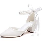 Jishevous Women's Block Heel Pearl Satin Closed Pointed Toe Chunky Low Heel Pump Sandal Party Wedding Dress Shoes