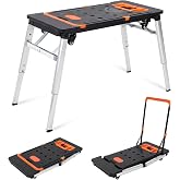 Folding Workbench 7 in 1 Portable Work Table with Wheels Height Adjustable | 7-in-1 Workbench, Sawhorse, Scaffold, Platform, Creeper, Dolly &amp; Hand Truck, 2 Adjustable Heights, 4 Wheels with Brakes
