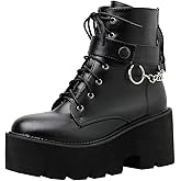 Parisuit Womens Goth Patent Ankle Boots Platform Chunky High Heel Lace Up Combat Boots Punk Short Booties