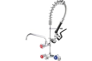 MS MaxSen Wall Mount Commercial Sink Faucet 4 inch to 8 Inch Adjustable Center 25" Height Commercial Kitchen Sink Faucet with Sprayer 8 Inch Add on Spout Fit for Restaurant and Hotel