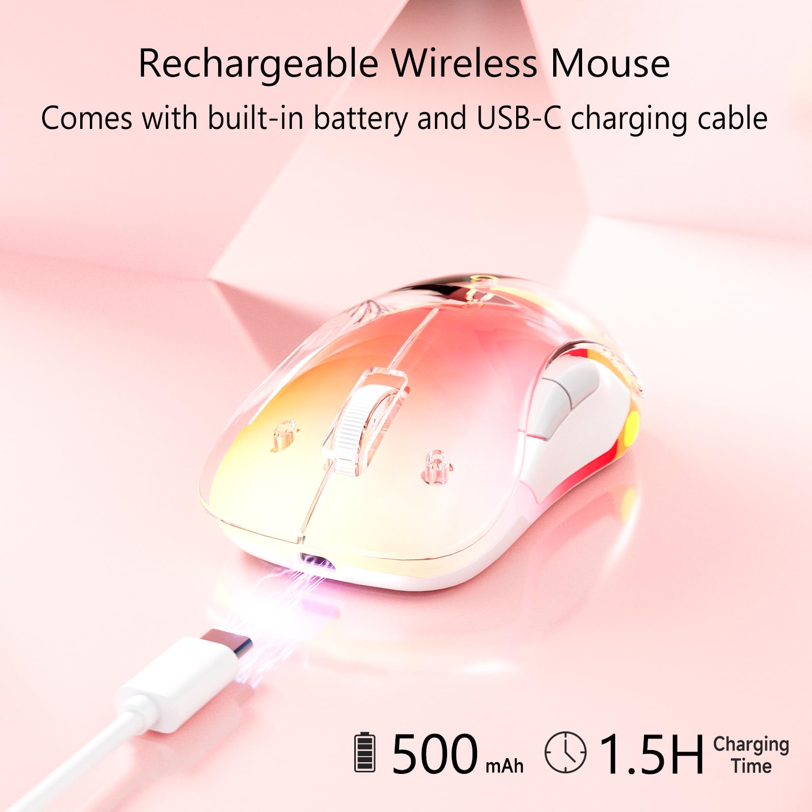 memzuoix 2.4G LED Wireless Mouse, Rechargeable Ergonomic Mouse with Detachable Cover, 1200 DPI Portable Optical Computer Mouse with USB Receiver for Laptop, PC, Desktop and MacBook, 5 Buttons-Pink