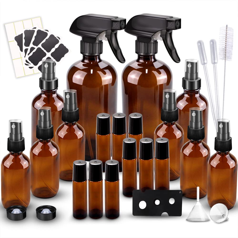 Glass Spray Bottle Kit×10 (2×16oz, 2×4oz, 6×2oz), 9×10ml Roller Bottles, Anti UV, Multi Size and Versatile, Suitable for Aromatherapy, Facial Moisturizing, Watering, etc.(Amber)
