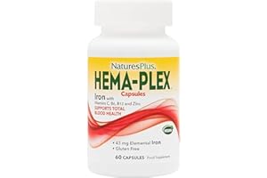 Natures Plus Hema-Plex Iron - 60 Fast-Acting Capsules - 85 mg Chelated Iron - Total Blood Health - with Vitamin C & Bioflavonoids - Vegan, Gluten Free - 30 Servings