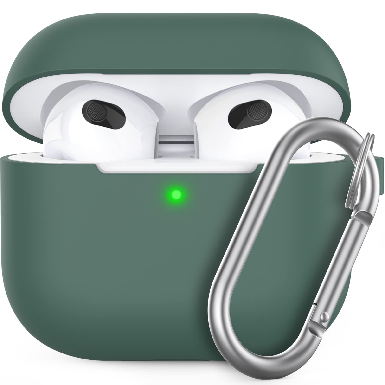 AhaStyle Airpods 3 Case Cover, Soft Silicone Protective Case Compatible with AirPods 3rd Full Body Shockproof Covers for Apple AirPods 3rd Generation 2021 (Pine Green & With Carabiner)