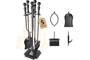 AMAGABELI Garden & Home 5 Pcs Fireplace Tools Sets 31 Inch Black Indoor Handle Wrought Iron Large Fire Tool Accessories Set and Holder Outdoor Fireset Fire Pit Stand with Poker Brush Shovel Tong