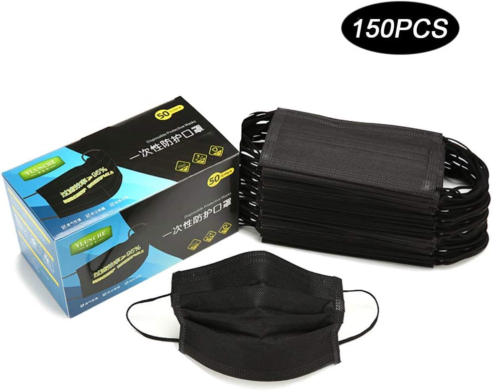 Individual Package Disposable Medical Face Mask 4-ply Thickened, with Elastic Ear Loop, Dust Masks Antiviral Great for Surgical Dental Outdoors Hypoallergenic Hospital, Black,150Pack