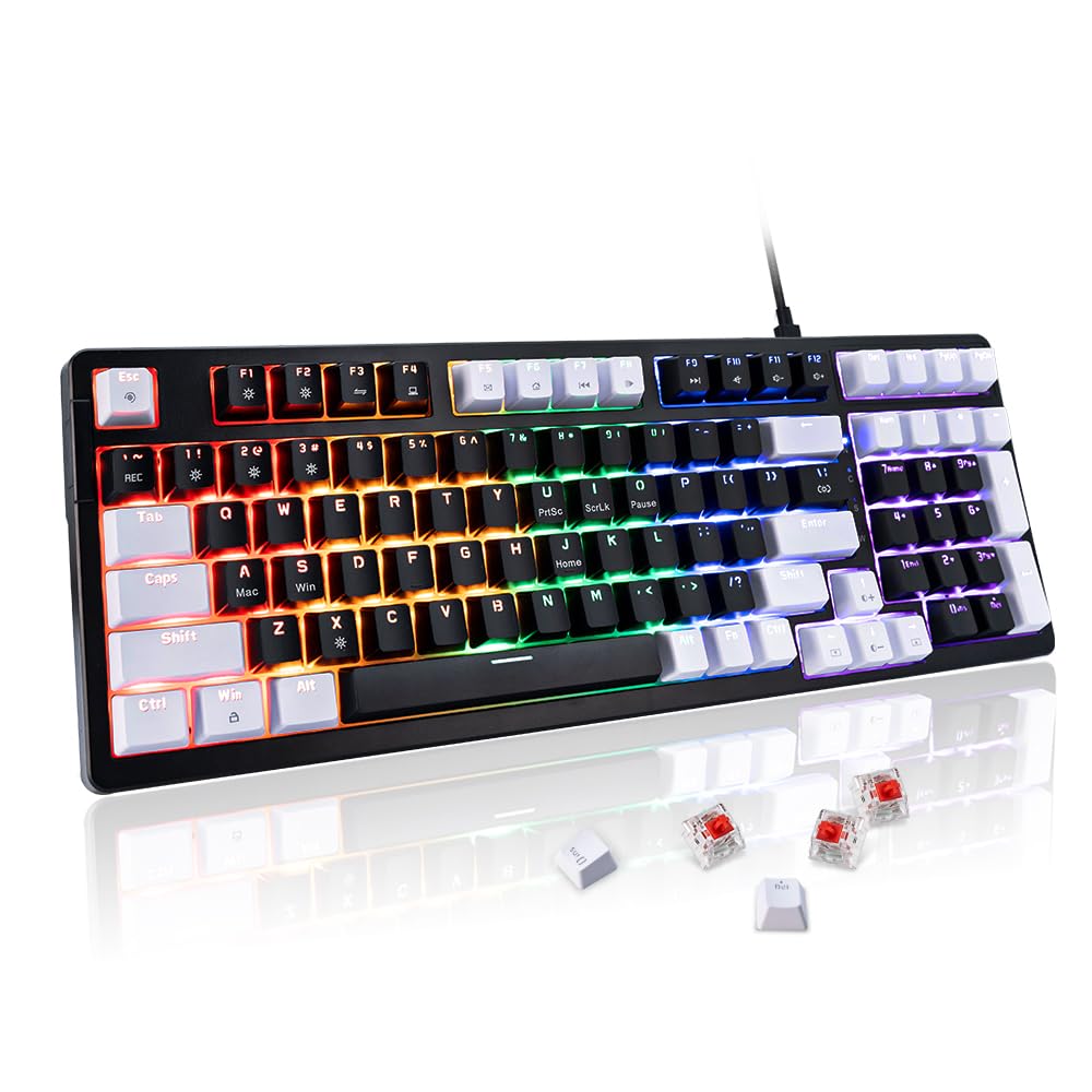 WJX Wired Gaming Mechanical Keyboard, Creamy&Silent Keycaps RGB Backlit, Number Pad, MX Cherry Style, Cool LED Light, PBT Keycaps, Hot Swappable USB Keyboard (Black)
