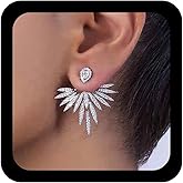 Ximdble Vintage Crystal Lotus Ear Jacket Earrings Rhinestone Lotus Stud Earrings Silver Cz Lotus Ear Climber Earrings Crystal Curved Earrings Crystal Wing Ear Jacket Earrings for Women