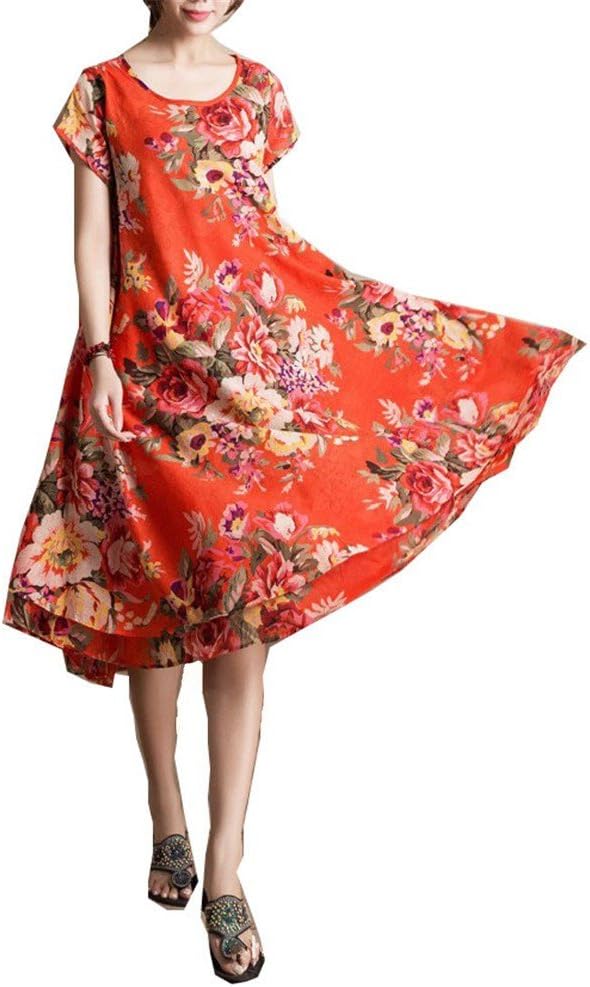 Allbebe Women's Summer Folk Style Short Sleeved Linen Long Cotton Layered Dress