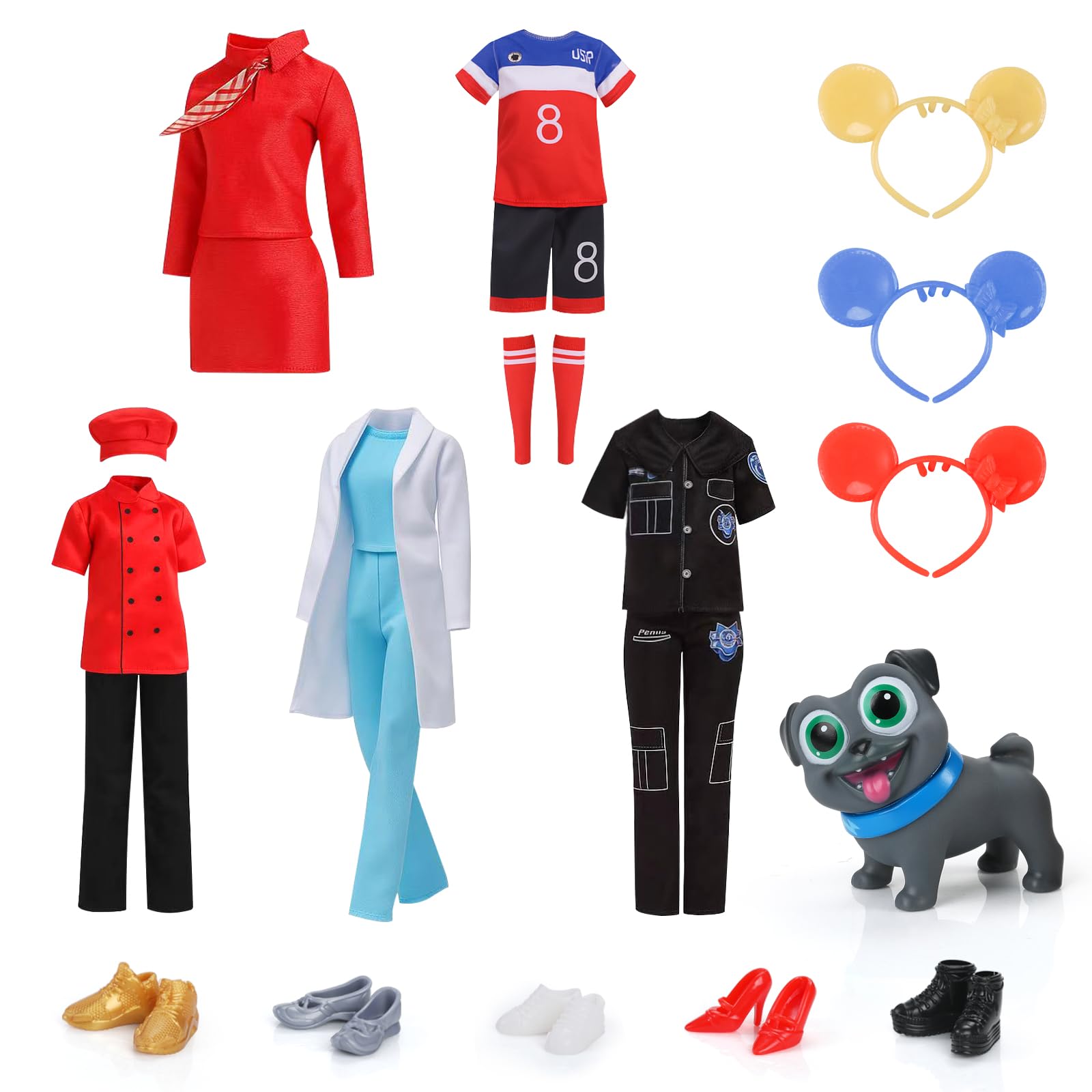 Photo 1 of 11.5-Inch Themed Doll Clothes & Accessories - Educational Role Play Gift Set for Girls with 5 Outfits(Doctor, Flight Attendant, Police, Chef, Soccer), 1 Puppy, 5 Shoes & 3 Headbands (No Doll)