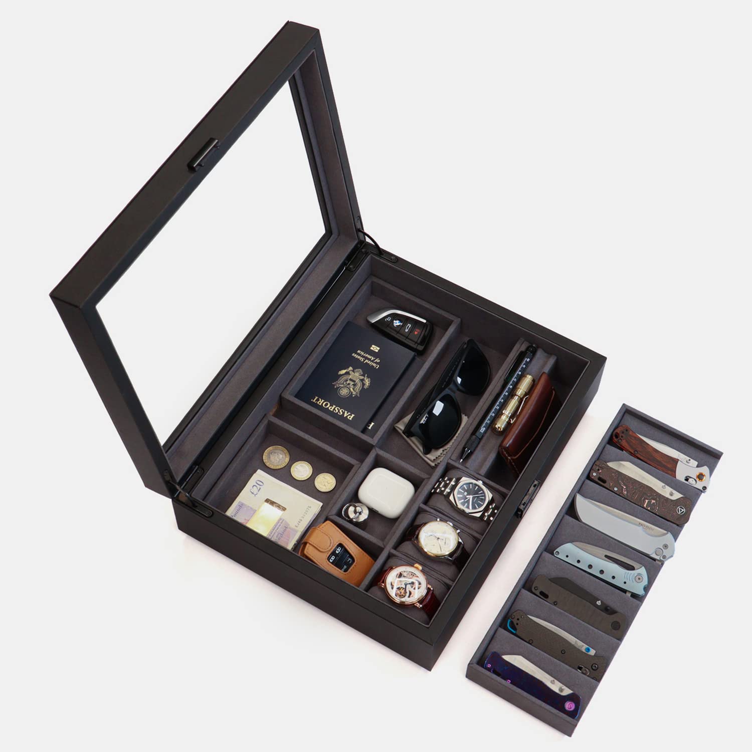 Kaviso Cache Display Valet - EDC, Blade, Watch, and Jewelry Locking Storage Case, USB Pass-through, Microfiber Lining, Faux Leather, Stackable (Valet) Black