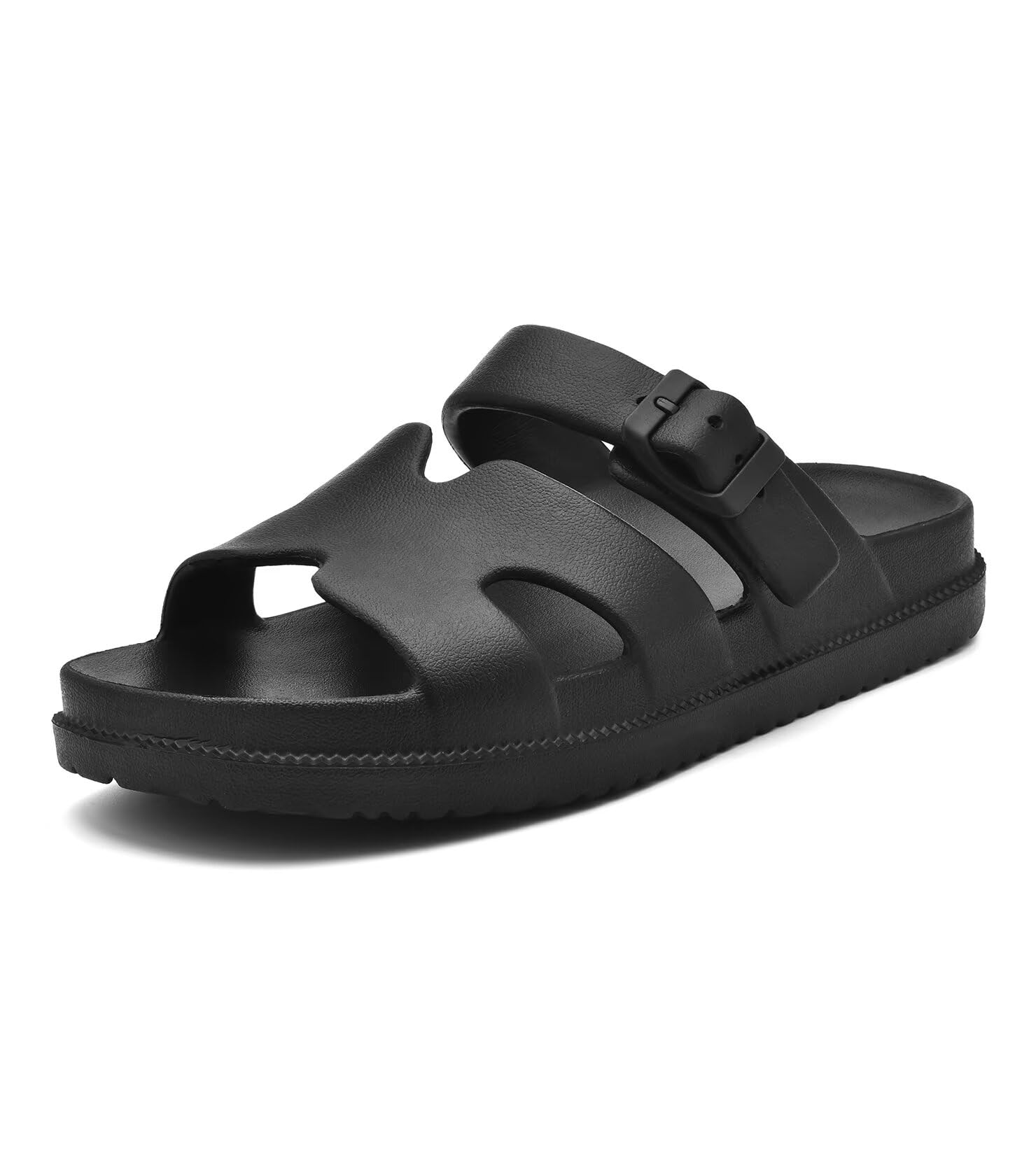 Photo 1 of Womens Black Sandals with Arch Support, Summer Flat Slides Adjustable Buckle, Comfort Lightweight EVA Sandals Indoor and Outdoor
