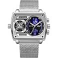 FEICE Mens Square Qaurtz Watches-Big Face Two Time Zone, Waterproof Chronograph, Alarm, Date, Stainless Steel Band Digital Analog Watch for Men