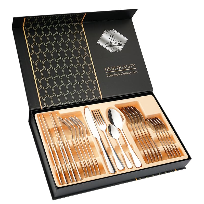 Juego de Cubiertos, 24 Piezas Juego de Cubiertos de Acero Inoxidable, Tenedor, Cuchara, Cuchillo, Set de Cubiertos para 6 Personas, Caja de Regalo y Tarjeta de Felicitación, Lavavajillas (Plata)