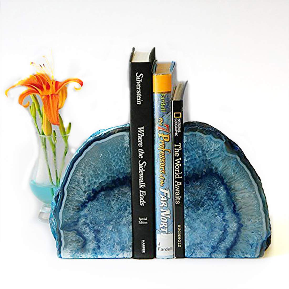 JIC Gem Agate Decorative Book Ends Blue Gemstone Geode Bookends Cool Crystal Bookends for Shelves Book Ends for Heavy Duty Books with Rubber Bumpers for Office and Home Décor (1 Pair,4-6 LBS)