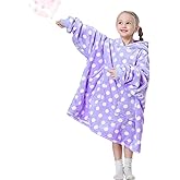 Aemicion Lavender White Polka Dot Hooded Blanket for Girls, Wearable Soft Fleece Blanket Hoodie with Sleeves for Kids 6-12, Cozy Gifts for Birthday Christmas