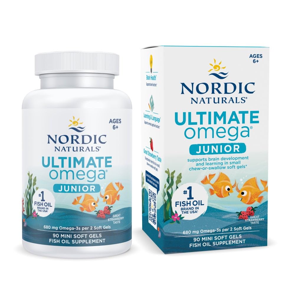 Nordic Naturals Ultimate Omega Jr., Strawberry - 90 Mini Soft Gels - 680 Total Omega-3s with EPA & DHA - Brain Health, Mood, Learning - Non-GMO - 45 Servings