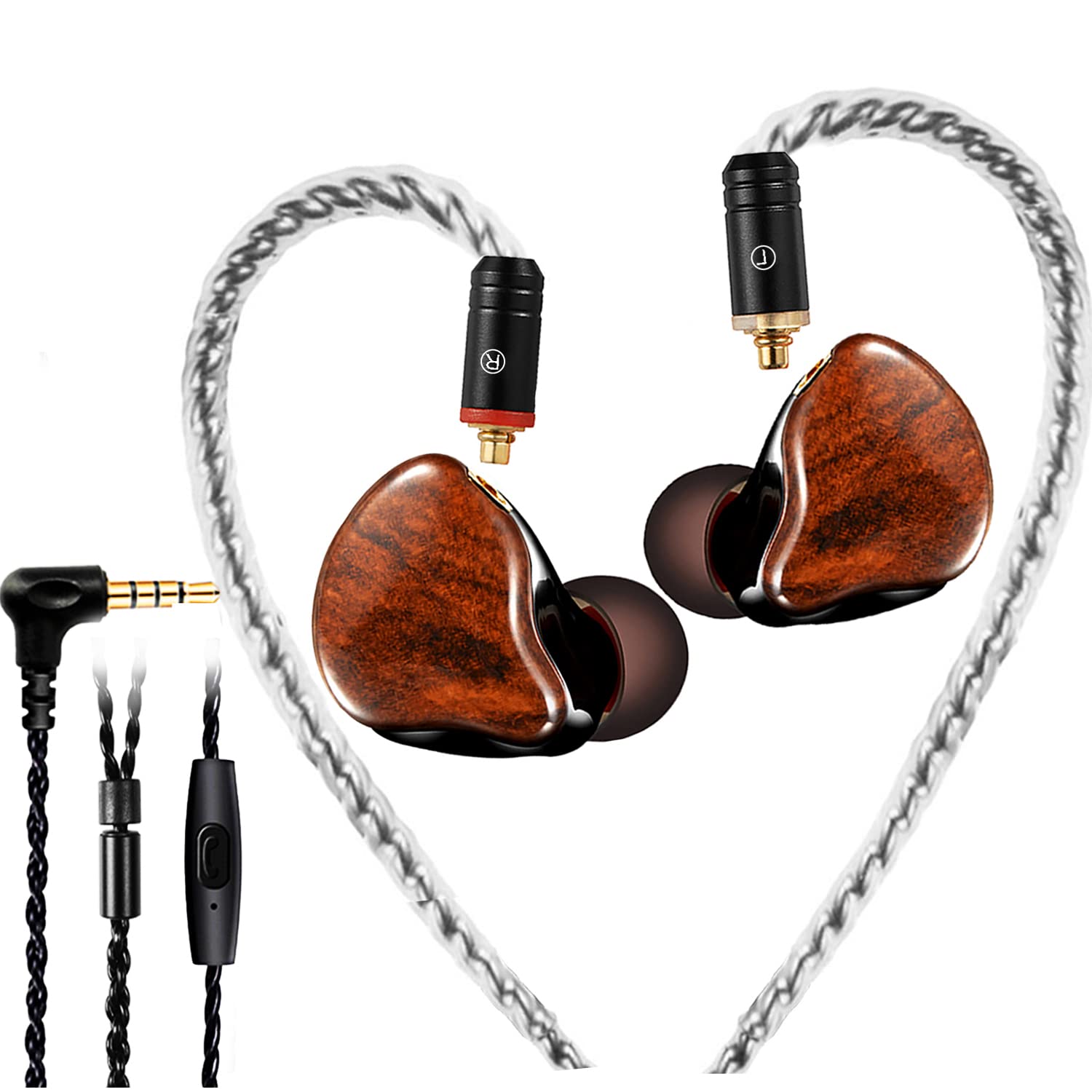Famedy In Ear Monitors,Wired Earbuds Earphone Dual Drivers Headphone with MMCX Detachable Cables,Noise-Isolating in-ear Monitors for Musicians, Hifi Stereo (Wood Grain, With Mic)